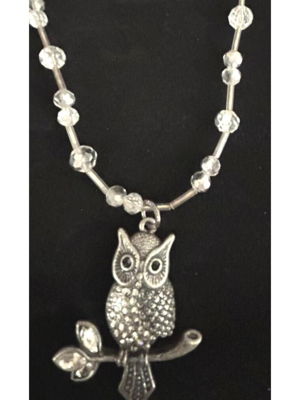 Vintage Owl Pendant Necklace Crystal Beaded Chain Rhinestone Owl Jewelry